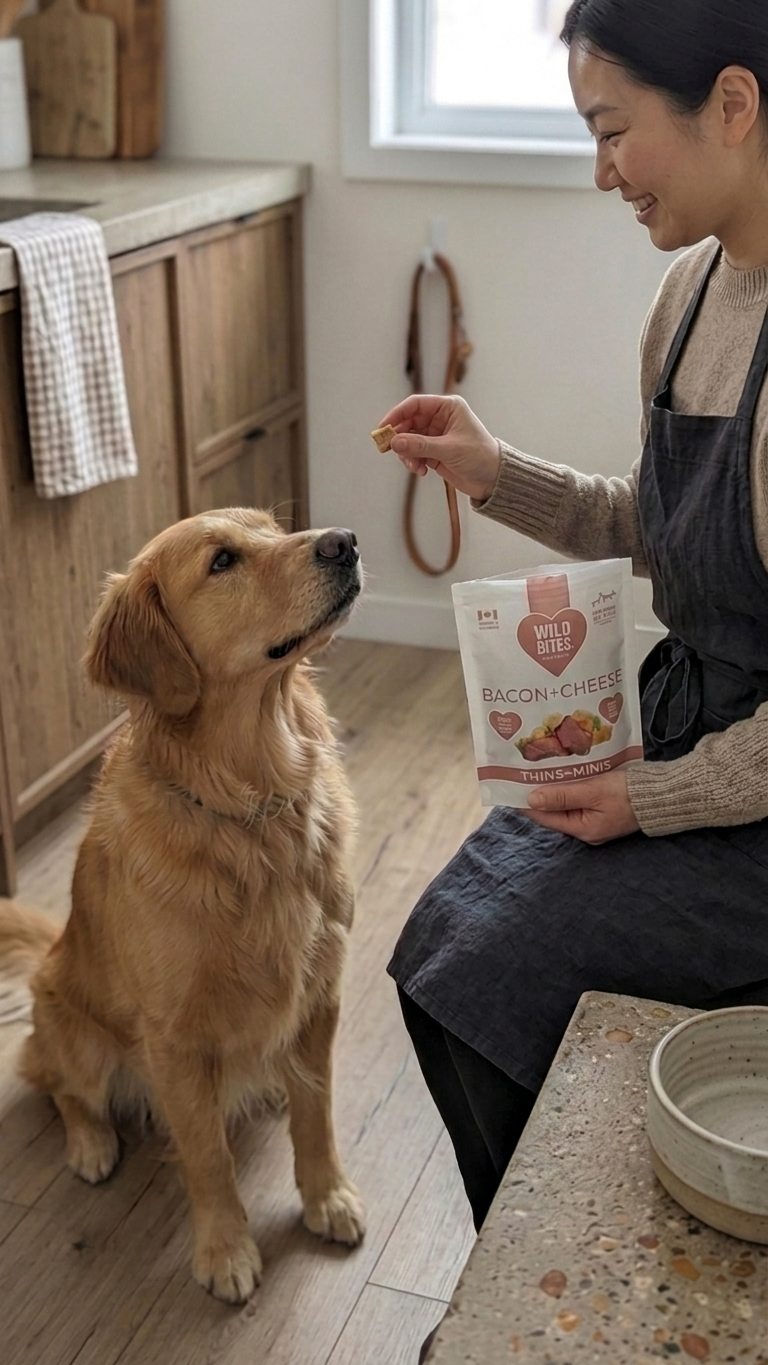 Golden retriever waiting for a Wild Bites bacon and cheese treat in a kitchen