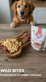 Dog enjoying Wild Bites bacon and cheese charcuterie treats