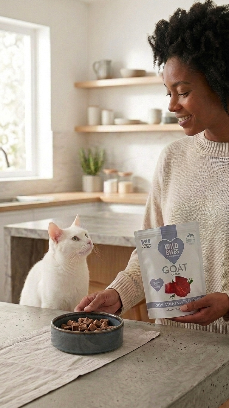 Cat eating Wild Bites freeze dried goat heart treats