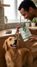 Owner giving a retriever Wild Bites freeze dried frog legs