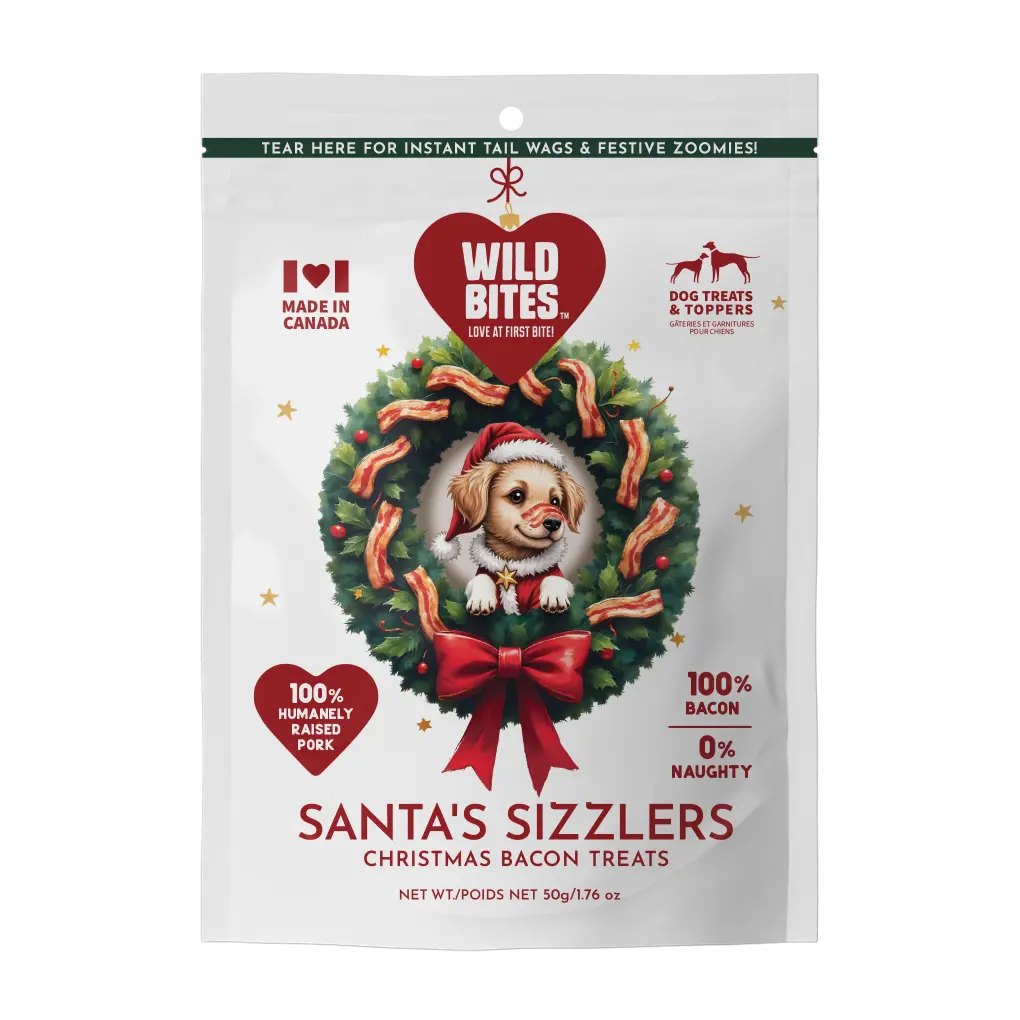 Wild Bites™ Santa's Bacon Sizzlers - Limited Edition Holiday Dehydrated Bacon Treats for Dogs and Cats - Made in Canada 