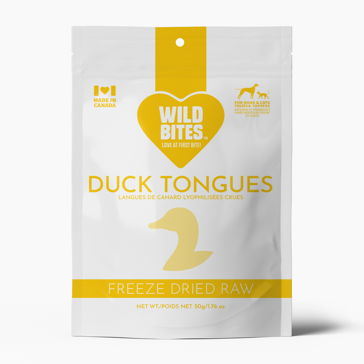 Wild Bites freeze dried duck tongues for dogs and cats, 50g bag, made in Canada