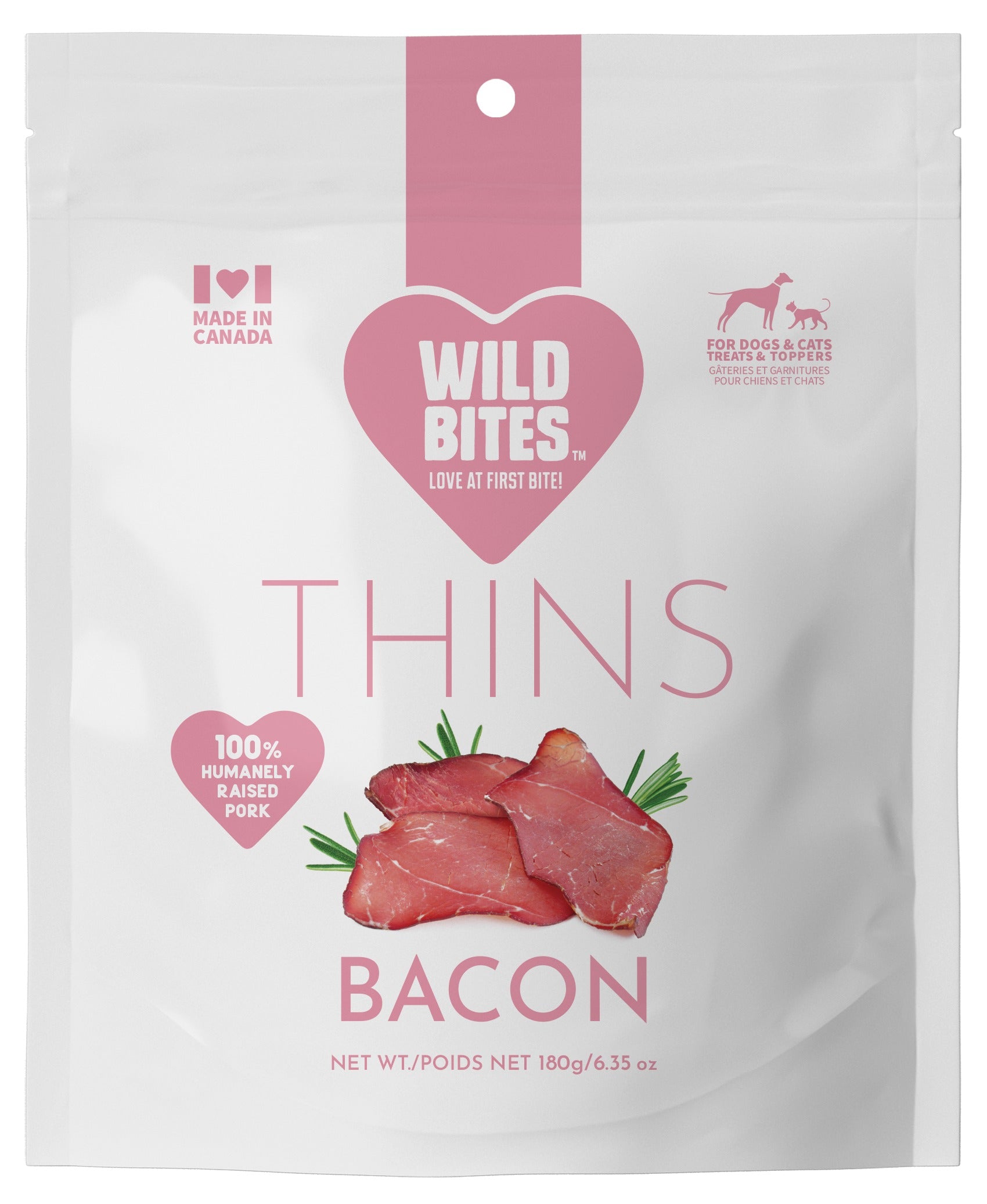 Bacon Thins Dog & Cat Treats 180g pack front, for dogs and cats
