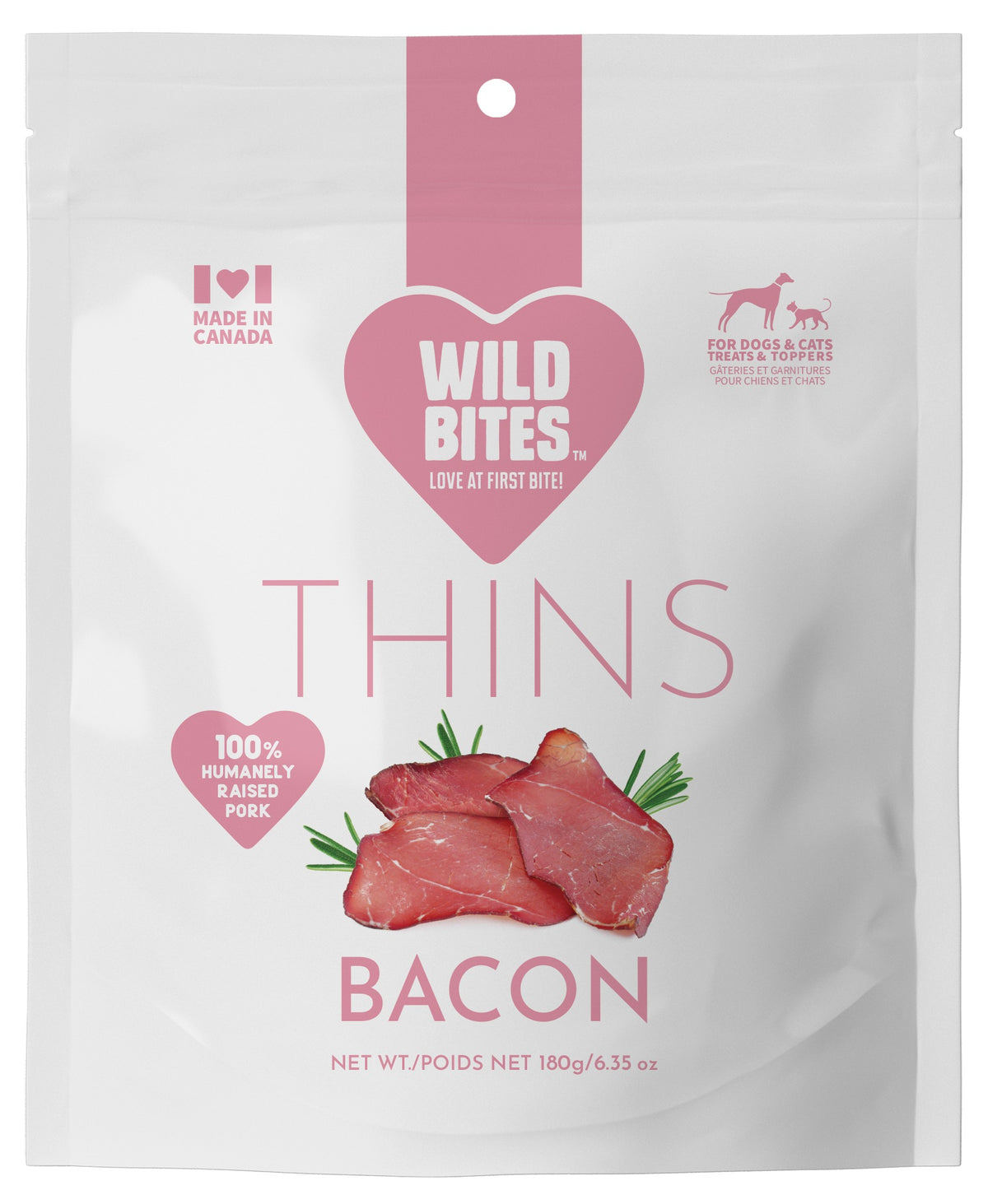 Bacon Thins Dog & Cat Treats 180g pack front, for dogs and cats