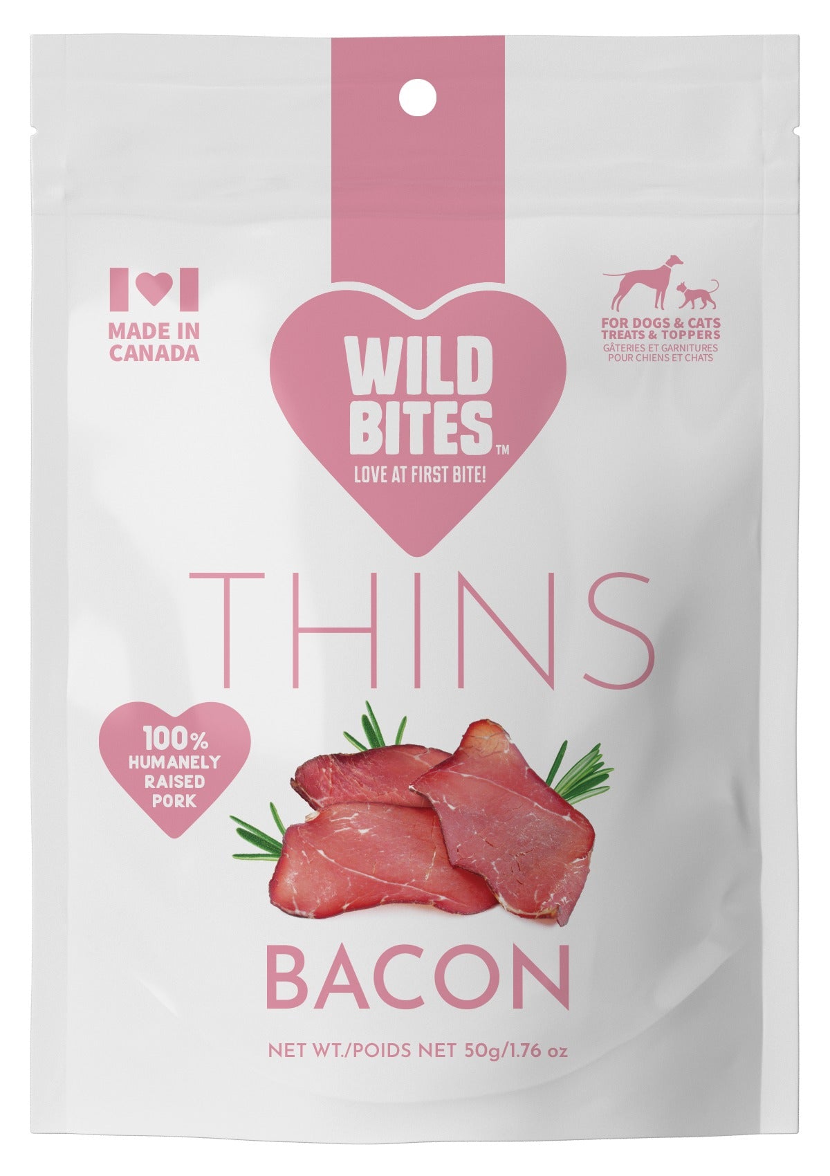 Bacon Thins Dog & Cat Treats pack front, for dogs and cats