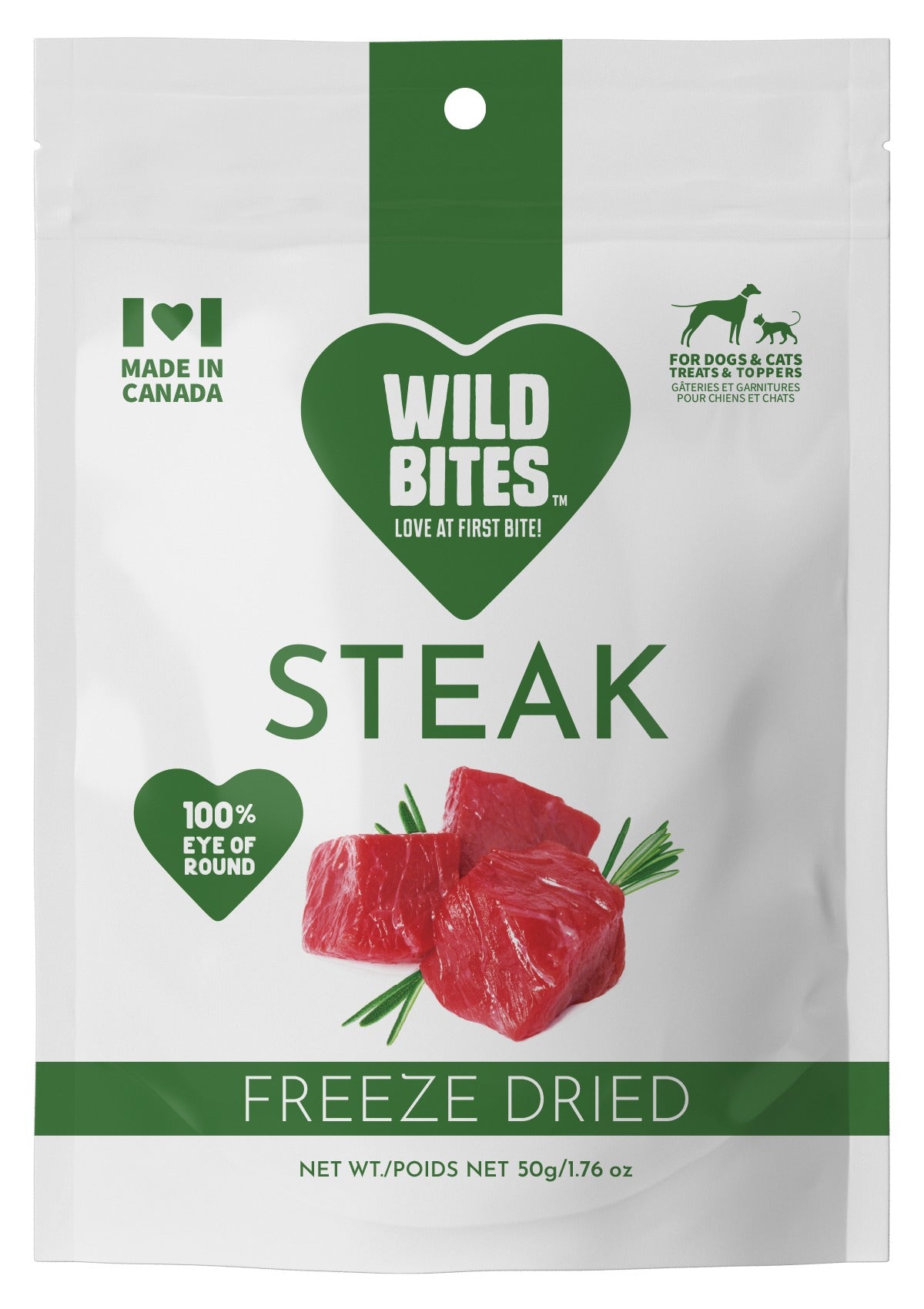 Freeze Dried Steak Dog & Cat Treats pack front, for dogs and cats