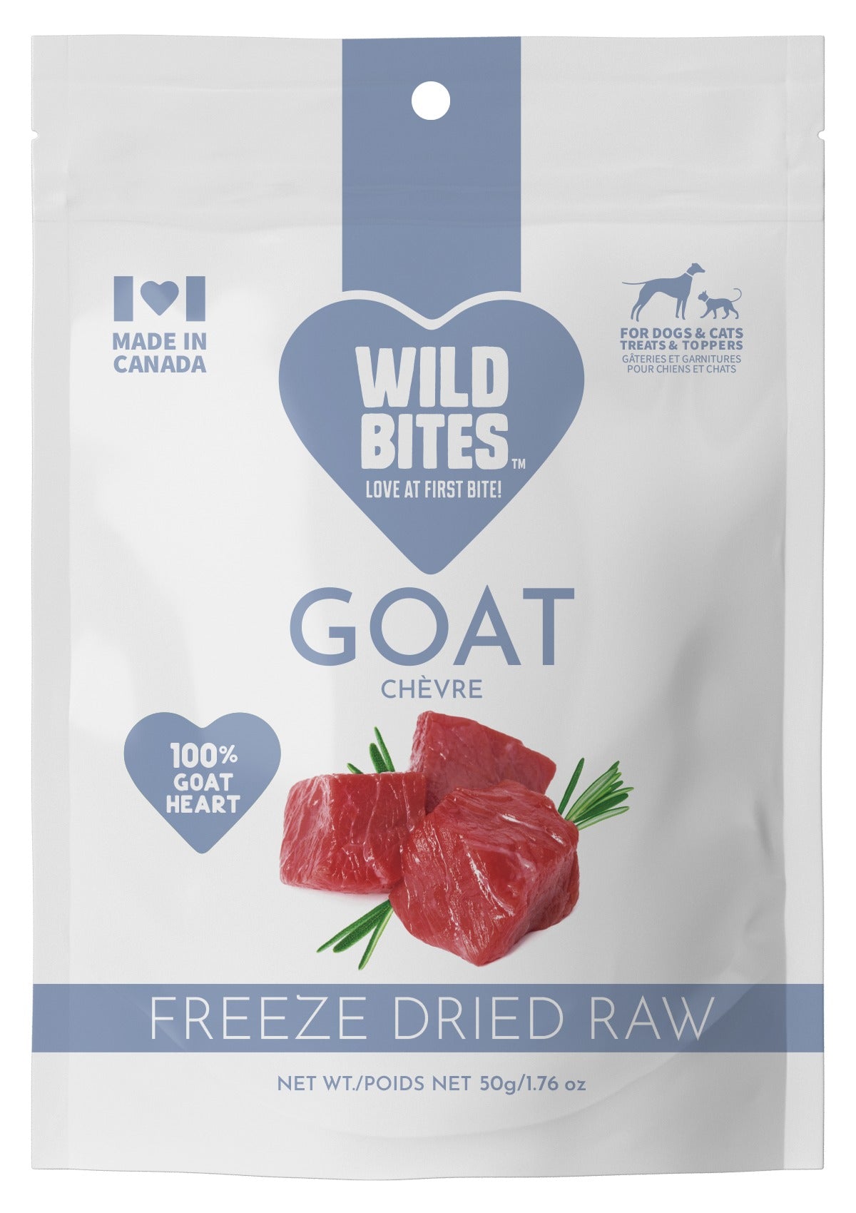 Freeze Dried Goat Heart Dog & Cat Treats pack front, for dogs and cats