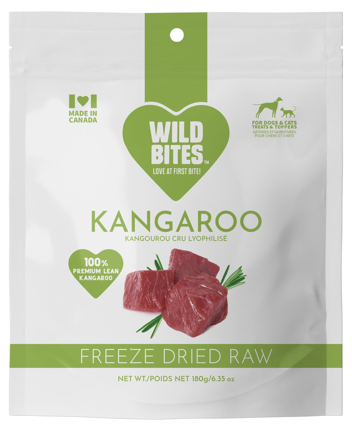 Freeze Dried Kangaroo Dog & Cat Treats 180g pack front, for dogs and cats