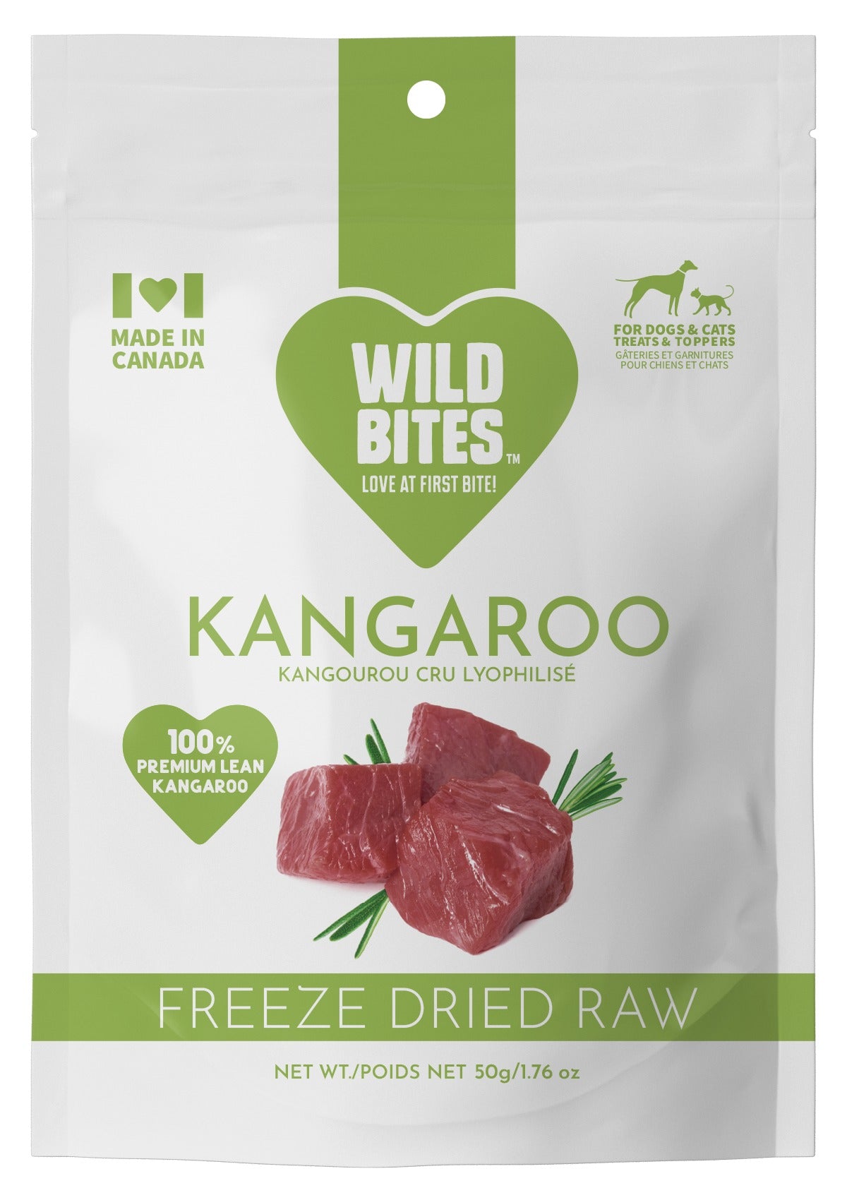 Freeze Dried Kangaroo Dog & Cat Treats pack front, for dogs and cats