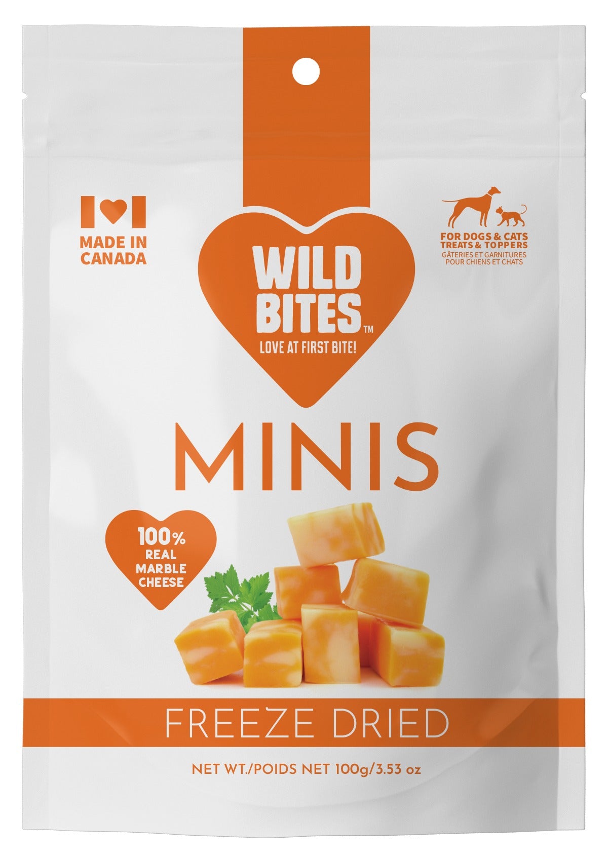 Freeze Dried Marble Cheese Minis Dog & Cat Treats pack front, for dogs and cats