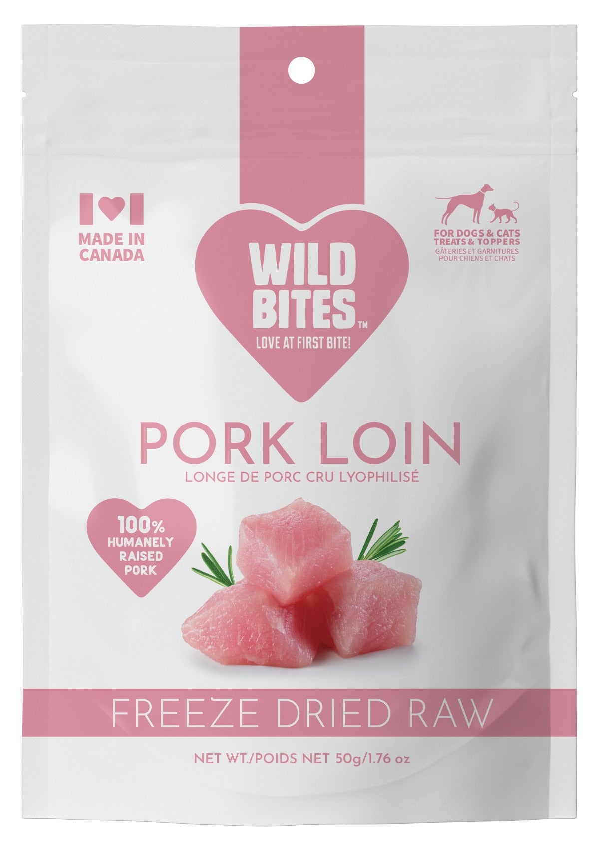 Freeze Dried Pork Loin Dog & Cat Treats pack front, for dogs and cats