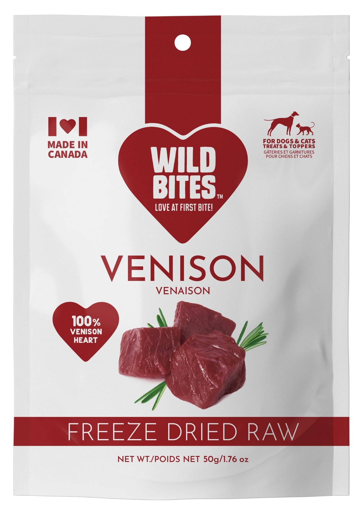 Freeze Dried Venison Dog & Cat Treats pack front, for dogs and cats