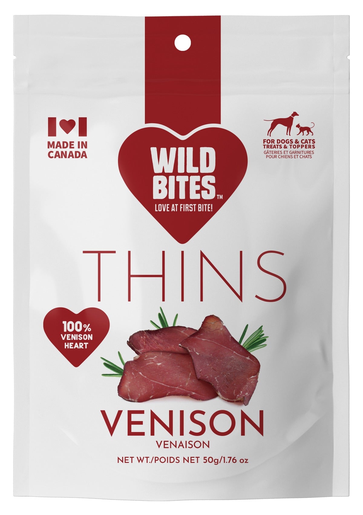 Venison Heart Thins Dog & Cat Treats pack front, for dogs and cats