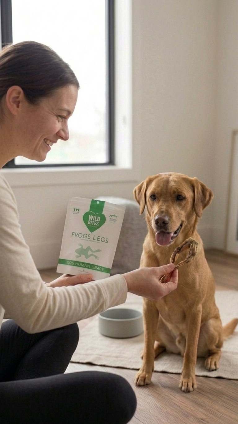 Happy owner and dog with Wild Bites freeze dried frog legs